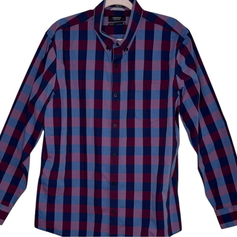 Nordstrom Plaid burgundy blue and lighter pink stripes Button Down Mens Size XL